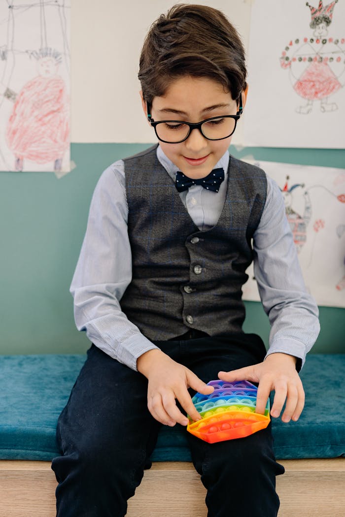 gallery-1 Young boy in vest and bowtie playing with a colorful pop-it toy indoors.